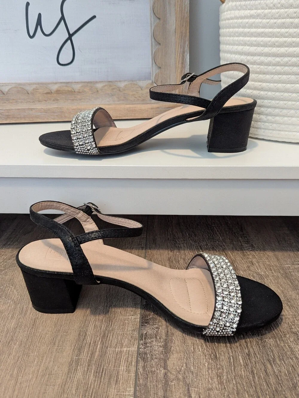 DB Studio Women's Black Silver Crystal Rhinestone Block Heels Sandals Size 9